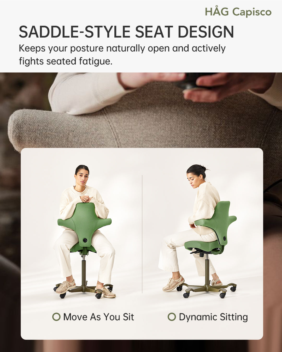 HAG Capisco saddle-style chair with text highlighting its benefits