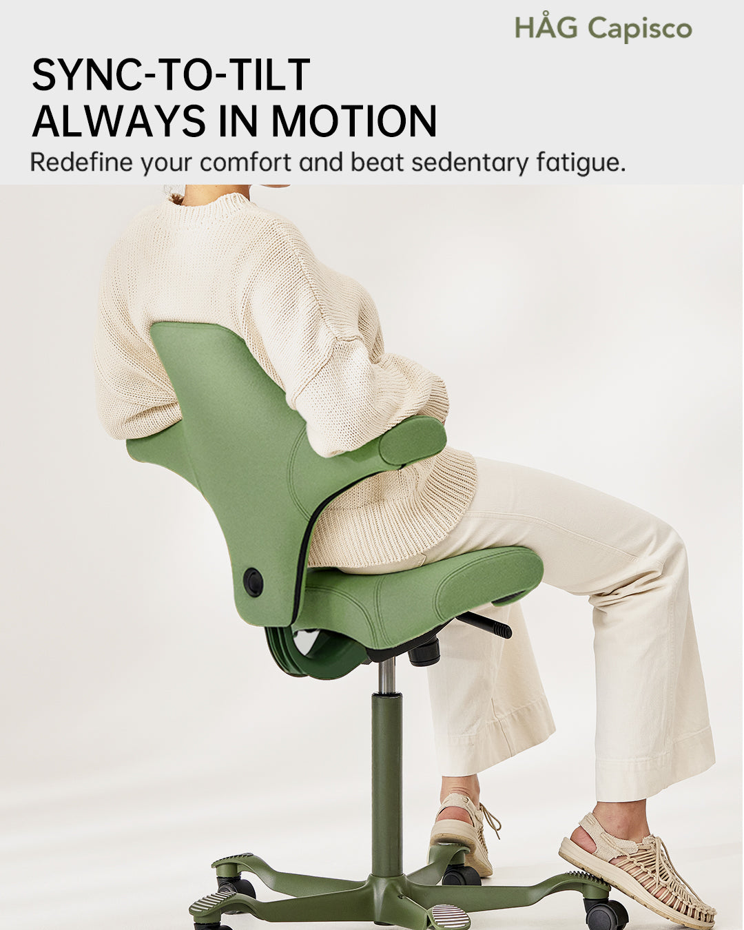 Person using a green HAG Capisco chair with text about sync-to-tilt technology on a white background.