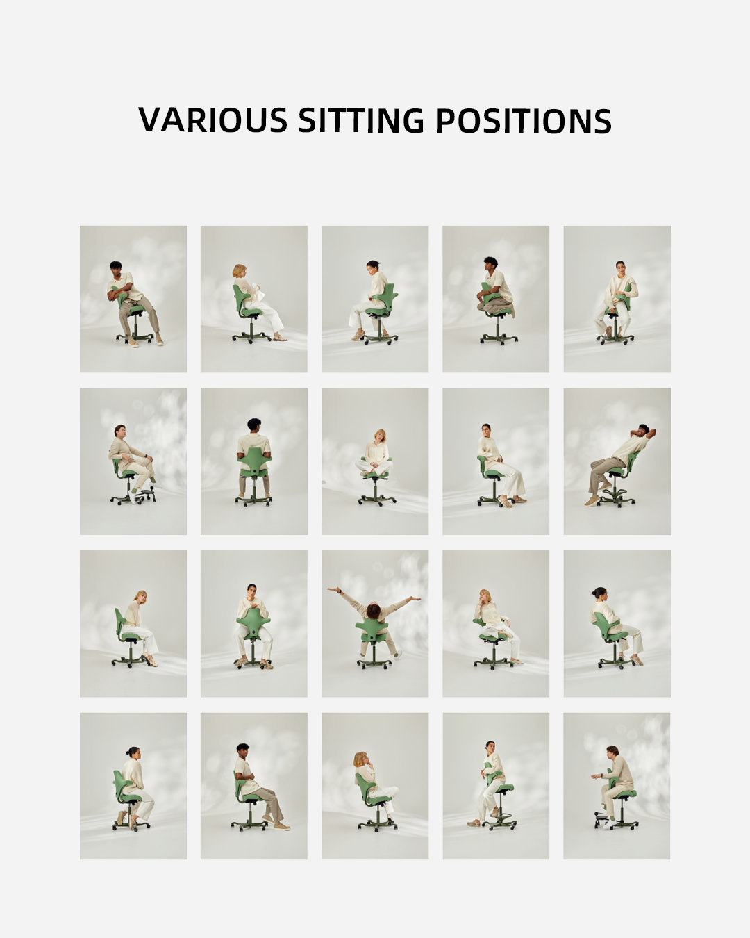 Grid of images showing various sitting positions on a chair.